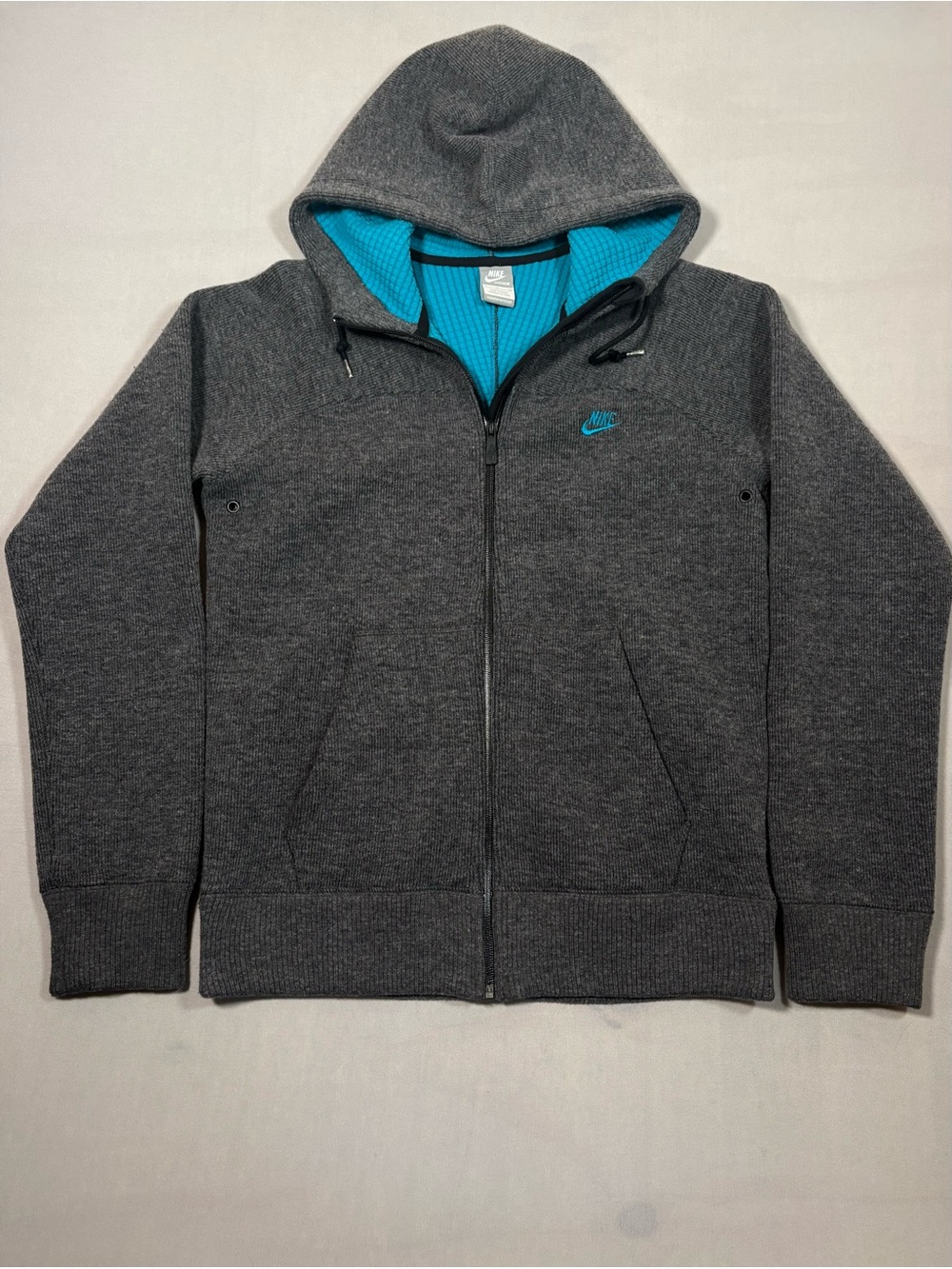 Nike AW77 Ascent Wool Full Zip Hoodie Grey Charcoal Turquoise Mens Small EUC